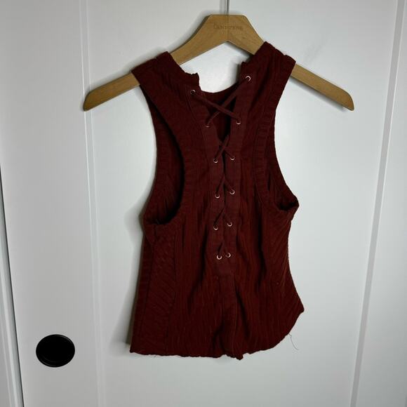 Free People Check It Out Red Wide Ribbed Lace Up Tank Top Size XS - Picture 4 of 6